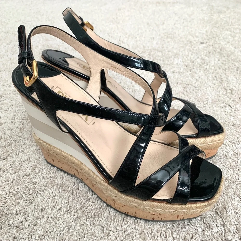Prada Black Patent Leather Strappy Wedge Sandals